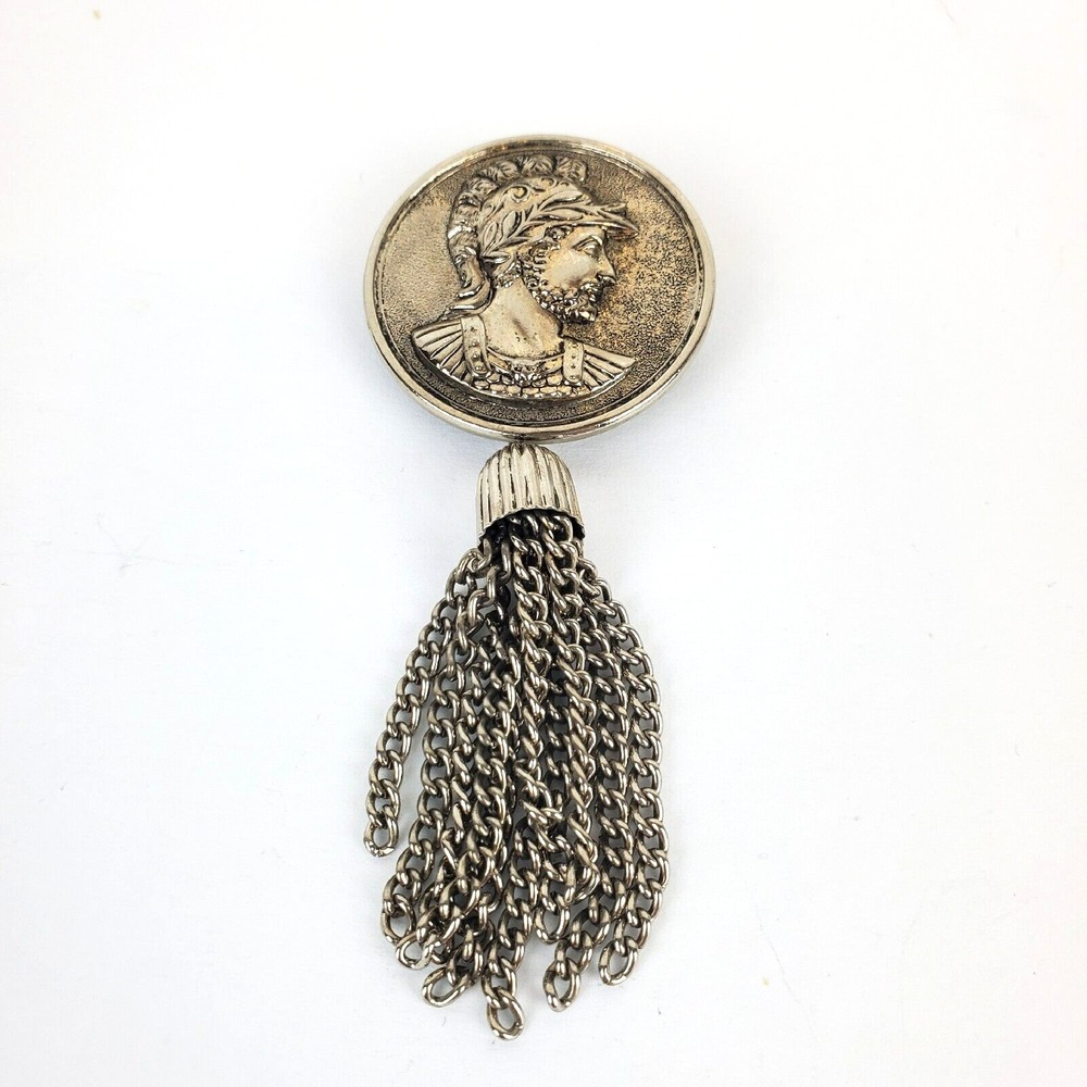 VIntage Sarah Coventry Roman Soldier Coin Silver Tone Brooch Pin w/ Chain Tassel